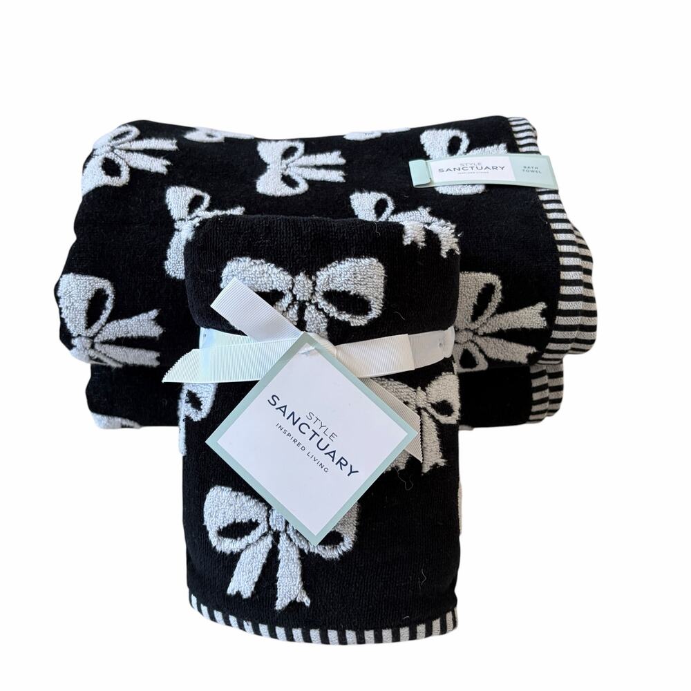 Chic Black & White BOWS Towel Set- 2 Hand & 2 Bath Towels Cotton Reversible NEW